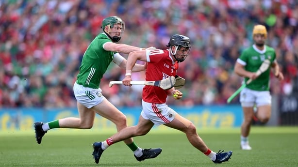 7 July 2024; Darragh Fitzgibbon of Cork in action against Will O'Donoghue of Limerick during the GAA Hurling All-Ireland Senior Championship semi-final match between Limerick and Cork at Croke Park in Dublin. Photo by Stephen McCarthy/Sportsfile