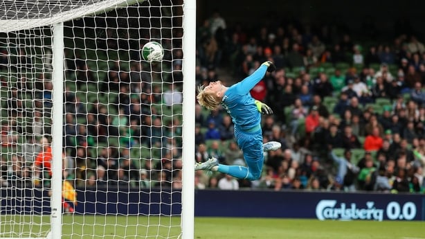 6 June 2025; Republic of Ireland goalkeeper Caoimhin Kelleher makes a save during the international friendly match between Republic of Ireland and Senegal at the Aviva Stadium in Dublin. Photo by Michael P Ryan/Sportsfile