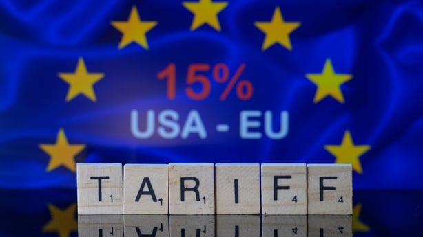 The EU and the US agree on a trade-tariff deal with a 15% tariff for the vast majority of EU products, as seen in this photo illustration in Brussels, Belgium, on July 28, 2025. (Photo by Jonathan Raa/NurPhoto)