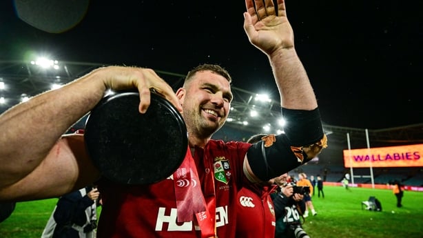 2 August 2025; Tadhg Beirne of British & Irish Lions celebrates with the series trophy after the third test match between Australia and the British & Irish Lions at Accor Stadium in Sydney, Australia. Photo by Brendan Moran/Sportsfile