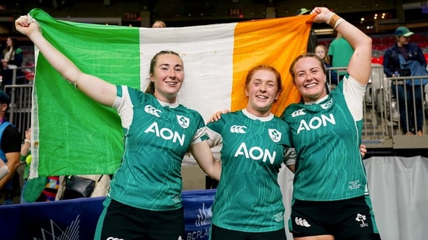 29 September 2024; Ireland players, from left, Eve Higgins, Niamh O'Dowd and Fiona Tuite celebrate after the WXV1 Pool match between New Zealand and Ireland at BC Place in Vancouver, British Columbia. Photo by Rich Lam / World Rugby via Sportsfile