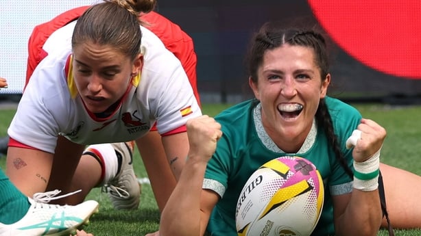 31 August 2025; Amee Leigh Costigan of Ireland celebrates after scoring her side's second try during the Women's Rugby World Cup 2025 Pool C match between Ireland and Spain at Franklin's Gardens in Northampton, England. Photo by Harry Murphy/Sportsfile