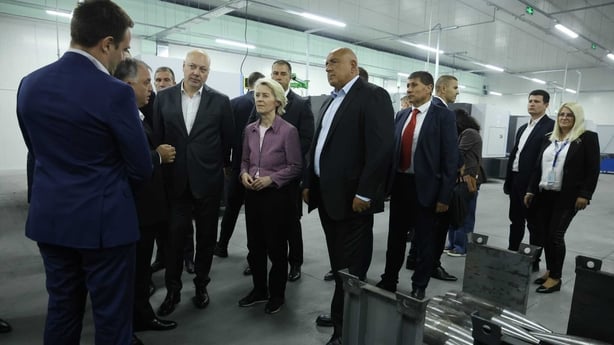 Urusula von der Leyen accompanied by Bulgarian Prime Minister Rosen Jelyazkov during a visit to Bulgaria's largest arms factory