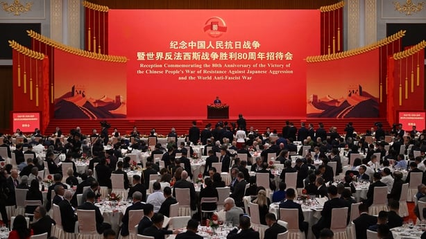 China's President Xi Jinping delivering a speech at a reception in the Great Hall of People in Beijing