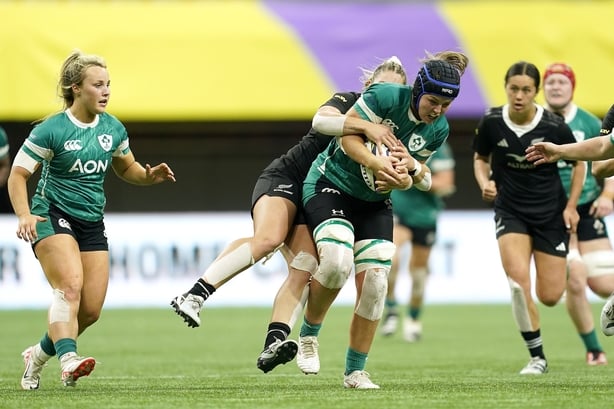 VANCOUVER, BRITISH COLUMBIA - SEPTEMBER 29: Brittany Hogan of Ireland is tackled by Amy du Plessis of New Zealand during the WXV1 Pool match between New Zealand and Ireland at BC Place on September 29, 2024 in Vancouver, British Columbia. (Photo by Rich Lam - World Rugby/World Rugby via Getty Images