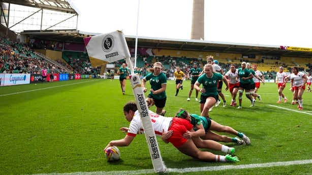 31 August 2025; Cristina Blanco Herrera of Spain dives over to score her side's fifth try during the Women's Rugby World Cup 2025 Pool C match between Ireland and Spain at Franklin's Gardens in Northampton, England. Photo by Harry Murphy/Sportsfile