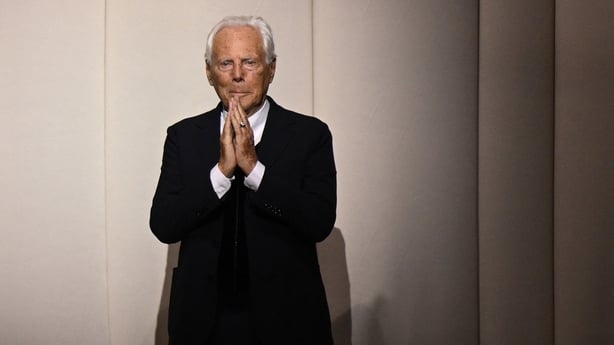 Italian fashion designer Giorgio Armani acknowledges the audience at the end of the Giorgio Armani Prive show IN 2024