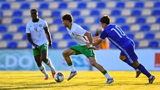 4 September 2025; Rocco Vata of Republic of Ireland in action against Mihai Lupan of Moldova during the UEFA European U21 Championship qualifier match between Moldova and Republic of Ireland at Nisporeni Central Stadium in Nisporeni, Moldova. Photo by Ale