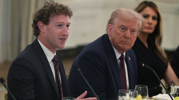 Meta CEO Mark Zuckerberg speaks as US President Donald Trump and first lady Melania Trump listen during a dinner at the White House