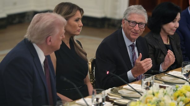Donald Trump and Melania Trump listen as Microsoft Co-Founder Bill Gates speaks during a dinner at the State Dining Room of the White House 