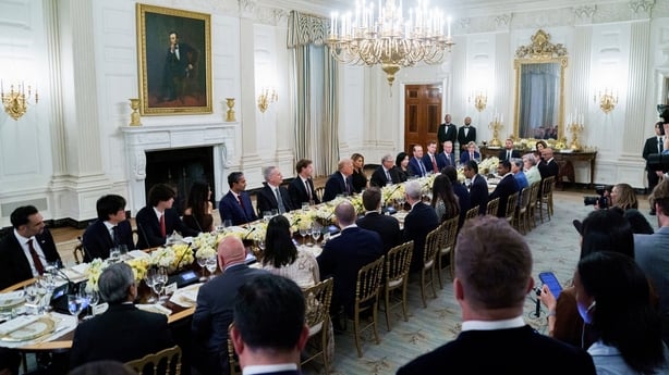 US President Donald Trump is pictured during a dinner with tech leaders in the State Dining Room of the White House 