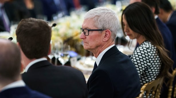 Tim Cook, chief executive officer of Apple Inc., during a dinner with tech leaders in the State Dining Room of the White House 
