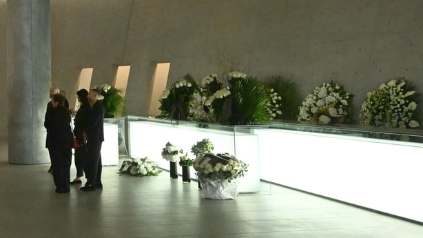Wreaths of flowers are placed at the Armani Theatre where late Italian fashion designer Giorgio Armani lies-in state