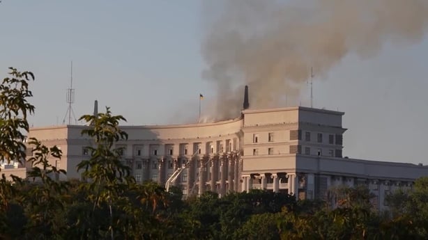 Smoke coming from Ukraine government building after a Russian attack