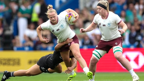 7 September 2025; Dannah O'Brien of Ireland, supported by teammate Sam Monaghan, is tackled by Risi Pouri-Lane of New Zealand during the Women's Rugby World Cup 2025 Pool C match between New Zealand and Ireland at Brighton and Hove Community Stadium in Falmer, England. Photo by Harry Murphy/Sportsfi
