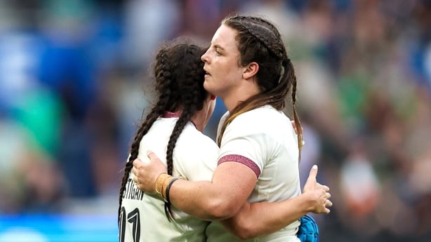 7 September 2025; Amee Leigh Costigan, left, and Brittany Hogan of Ireland after the Women's Rugby World Cup 2025 Pool C match between New Zealand and Ireland at Brighton and Hove Community Stadium in Falmer, England. Photo by Harry Murphy/Sportsfile