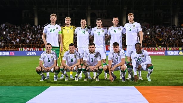 The Republic of Ireland team, back row, from left, Nathan Collins, Caoimhin Kelleher, Jack Taylor, Finn Azaz, Dara O'Shea and Jake O'Brien, with front, from left, Josh Cullen, Jason Knight, Ryan Manning, Evan Ferguson, Chiedozie Ogbene before the FIFA World Cup 2026 Group F qualifying match between 