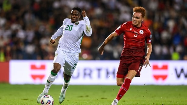Chiedozie Ogbene of Republic of Ireland in action against Erik Piloyan of Armenia during the FIFA World Cup 2026 Group F qualifying match between Armenia and Republic of Ireland at Vazgen Sargsyan Republican Stadium in Yerevan, Armenia.