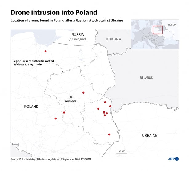 A map detailing the area of Russian drone incursions in Poland