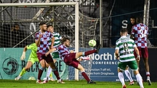 Andrew Quinn of Drogheda United scores his side's equalising goal in additional time of normal time during the Sports Direct Men’s FAI Cup quarter-final match between Drogheda United and Shamrock Rovers at Sullivan & Lambe Park in Drogheda, Louth.