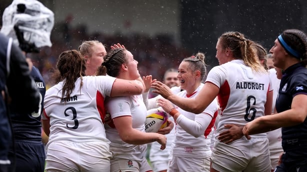 Kelsey Clifford of England celebrates scoring her team's fourth try with her team mates during the Women's Rugby World Cup 2025 Quarter Final match between England and Scotland at Ashton Gate on September 14, 2025 in Bristol, England.
