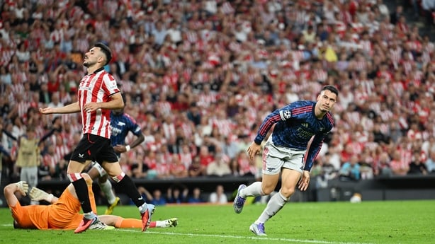 Arsenal's Gabriel Martinelli celebrates after scoring the opening goal at Estadio de San Mames