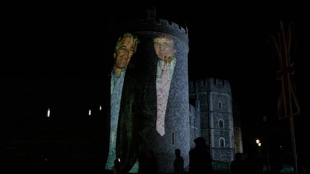 Political campaign group Led By Donkeys project an image of Jeffrey Epstein and Donald Trump onto Windsor Castle as US President Trump's second state visit to the UK begins on 16th September 2025 in Windsor, United Kingdom. (photo by Mark Kerrison/In Pictures via Getty Images)