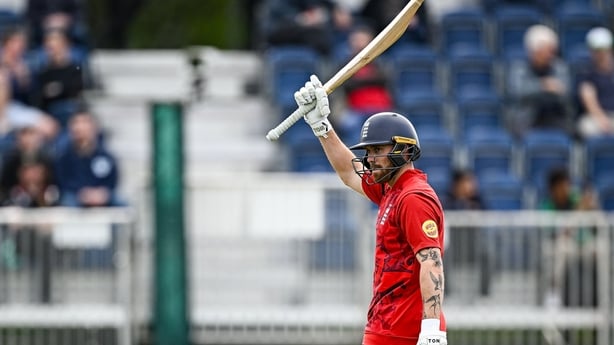England batter Phil Salt acknowledges the crowd after scoring 50 runs in Malahide