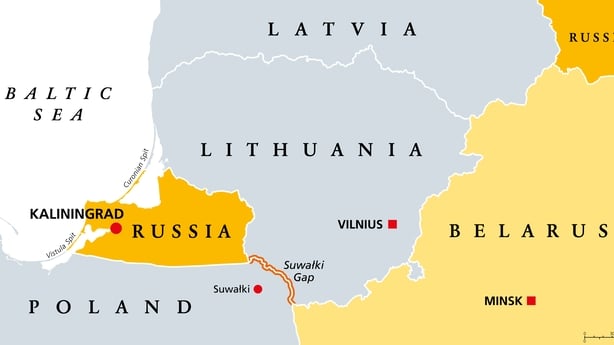 Suwalki Gap, political map. Also known as the Suwalki Corridor, the border starting from the Russian exclave Kaliningrad Oblast to Belarus, between Lithuania and Poland, near the Polish town Suwalki.