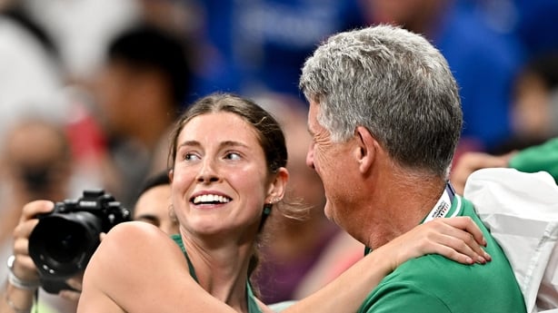 Kate O'Connor of Ireland celebrates with her father and coach Michael after winning silver in the heptathlon at the World Athletics Championships