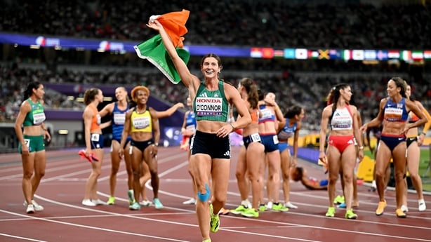 Kate O'Connor of Ireland celebrates after winning silver in the women's heptathlon at 2025 World Championships