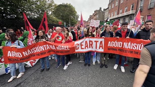 Participants at the Cearta Irish-language protest marching from Parnell Square