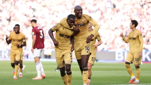 Tyrick Mitchell (L) of Crystal Palace celebrates scoring his team's second goal v West Ham with team-mate Jean-Philippe Mateta - Premier League, September 2025