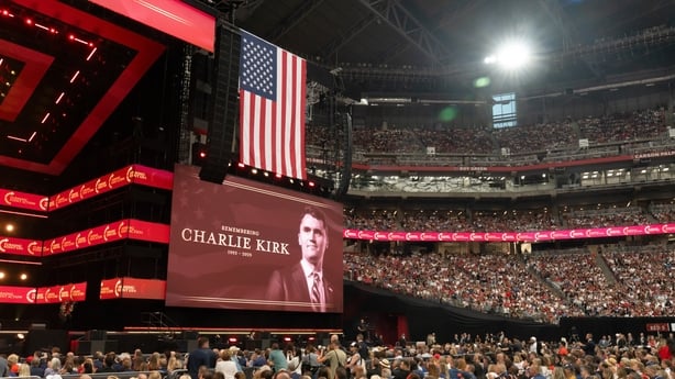 An image of Turning Point USA founder Charlie Kirk during a memorial service at State Farm Stadium in Glendale, Arizona, US, on Sunday, Sept. 21, 2025. President Donald Trump proclaimed Charlie Kirk a 