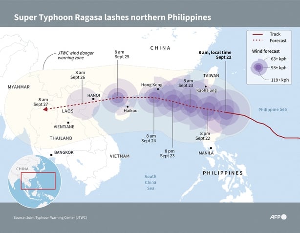 Infographic map showing the forecast track of Super Typhoon Ragasa