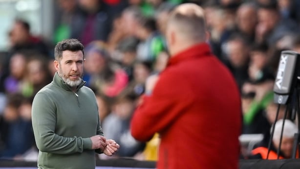 Shamrock Rovers manager Stephen Bradley exchanges words with Bohemians manager Alan Reynolds during the SSE Airtricity Men's Premier Division match between Shamrock Rovers and Bohemians at Tallaght Stadium in Dublin.