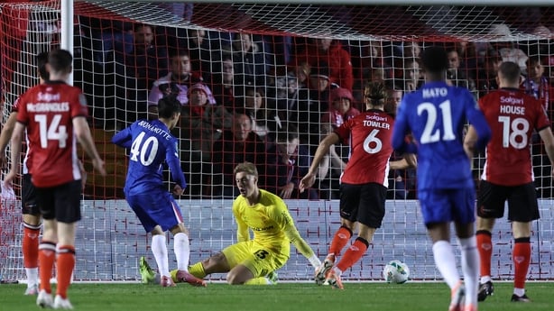 Chelsea's Facundo Buonanotte (second left) scores against Lincoln in 2025 Carabao Cup