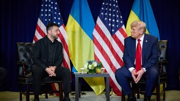 NEW YORK, UNITED STATES - SEPTEMBER 23: (----EDITORIAL USE ONLY - MANDATORY CREDIT - UKRAINIAN PRESIDENCY/HANDOUT' - NO MARKETING NO ADVERTISING CAMPAIGNS - DISTRIBUTED AS A SERVICE TO CLIENTS----) President of Ukraine Volodymyr Zelenskyy (L) attends a bilateral meeting with U.S. President Donald Tr