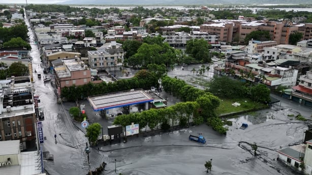 An aerial view shows mud left in the streets as floodwaters recede in Hualien