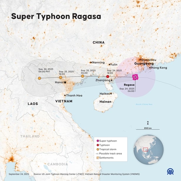 A map showing the expected route of Super Typhoon Ragasa.