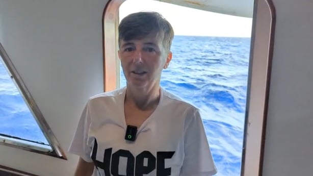 Photo shows Galway activist Sarah Clancy aboard on of the boats of the Gaza aid flotilla 