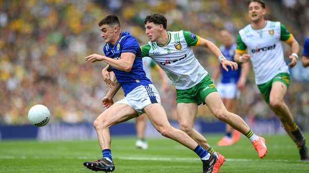 27 July 2025; Seán O'Shea of Kerry in action against Finnbarr Roarty of Donegal during the GAA Football All-Ireland Senior Championship final match between Kerry and Donegal at Croke Park in Dublin. Photo by Stephen McCarthy/Sportsfile