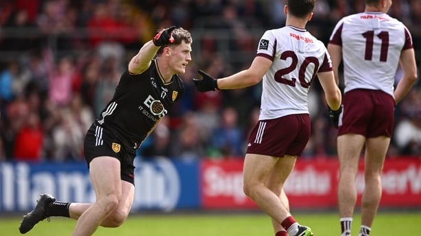 22 June 2025; Odhran Murdock of Down celebrates after scoring his side's second goal during the GAA Football All-Ireland Senior Championship preliminary quarter-final match between Down and Galway at Páirc Esler in Newry, Down. Photo by Ben McShane/Sportsfile