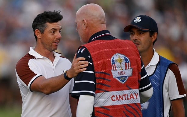 Rome , Italy - 30 September 2023; Rory McIlroy of Europe speaks to Joe LaCava, caddie for Patrick Cantlay of USA, after their match during the afternoon fourball matches on day two of the 2023 Ryder Cup at Marco Simone Golf and Country Club in Rome, Italy. (Photo By Brendan Moran/Sportsfile via Gett