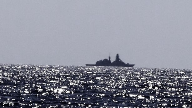 A view of a second naval vessel deployed by Italy, escorting the Global Sumud Flotilla, seen off the coast of Greece