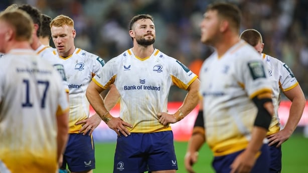 26 September 2025; Robbie Henshaw of Leinster, centre, and team-mates react after their side's defeat in the United Rugby Championship match between DHL Stormers and Leinster at DHL Stadium in Cape Town, South Africa. Photo by Shaun Roy/Sportsfile