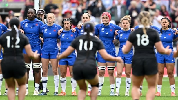 LONDON, ENGLAND - SEPTEMBER 27: Players of France line up as players of New Zealand perform the Haka prior to the Women's Rugby World Cup 2025 Bronze Final match between New Zealand and France at Twickenham Stadium on September 27, 2025 in London, England. (Photo by Dan Mullan/Getty Images)