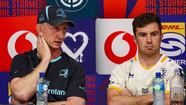 26 September 2025; Leinster head coach Leo Cullen and Luke McGrath of Leinster are interviewed after their side's defeat in the United Rugby Championship match between DHL Stormers and Leinster at DHL Stadium in Cape Town, South Africa. Photo by Shaun Roy/Sportsfile