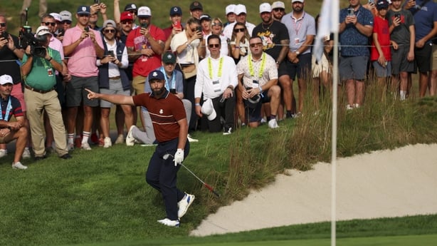 FARMINGDALE, NY - SEPTEMBER 27: Jon Rahm of Team Europe reacts to making his chip shot on the eighth hole during the 2025 Ryder Cup on the Black Course at Bethpage State Park on Saturday, September 27, 2025 in Farmingdale, New York. (Photo by Scott Taetsch/PGA of America via Getty Images)