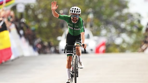 Bronze medalist Ben Healy and Team Ireland crosses the finish line during the 98th UCI Cycling World Championships Kigali 2025, Men Elite Road Race a 267.5km race from Kigali to Kigali on September 28, 2025 in Kigali, Rwanda.